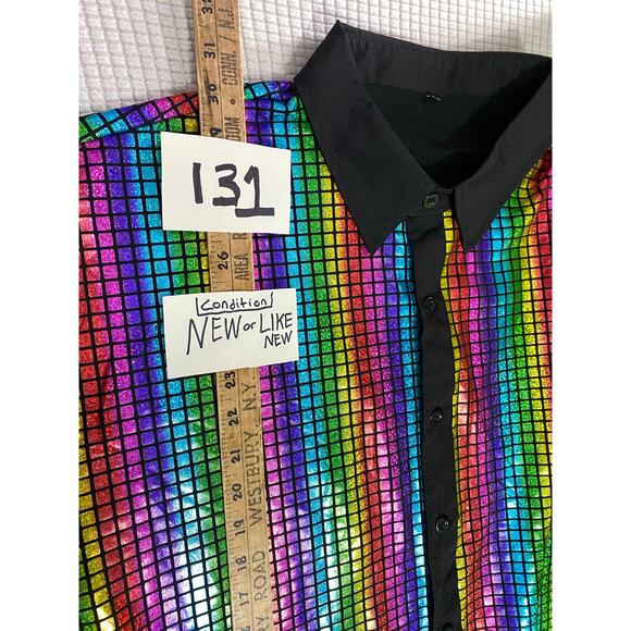 Men's Metalic Disco Rainbow Short Sleeve Button Shirt 2XL  27x30 - Picture 4 of 8